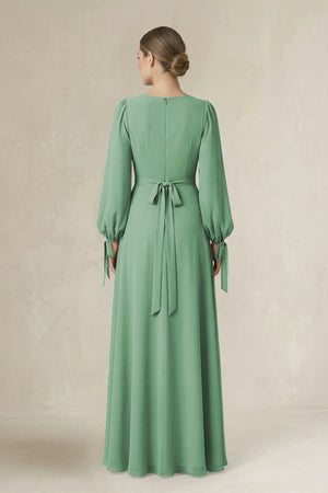 Square Neck Long Sleeve A-Line Chiffon Bridesmaid Dress in Sea Glass - KissProm BRIDESMAID DRESSES