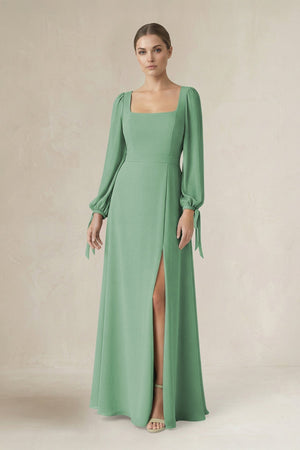 Square Neck Long Sleeve A-Line Chiffon Bridesmaid Dress in Sea Glass - KissProm BRIDESMAID DRESSES