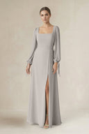 Square Neck Long Sleeve A-Line Chiffon Bridesmaid Dress in Silver - KissProm BRIDESMAID DRESSES