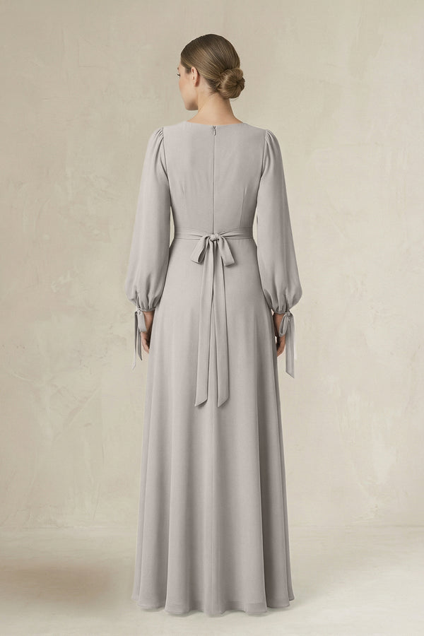 Square Neck Long Sleeve A-Line Chiffon Bridesmaid Dress in Silver - KissProm BRIDESMAID DRESSES