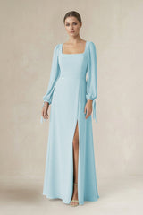 Square Neck Long Sleeve A-Line Chiffon Bridesmaid Dress in Sky Blue - KissProm BRIDESMAID DRESSES