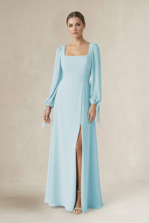 Square Neck Long Sleeve A-Line Chiffon Bridesmaid Dress in Sky Blue - KissProm BRIDESMAID DRESSES