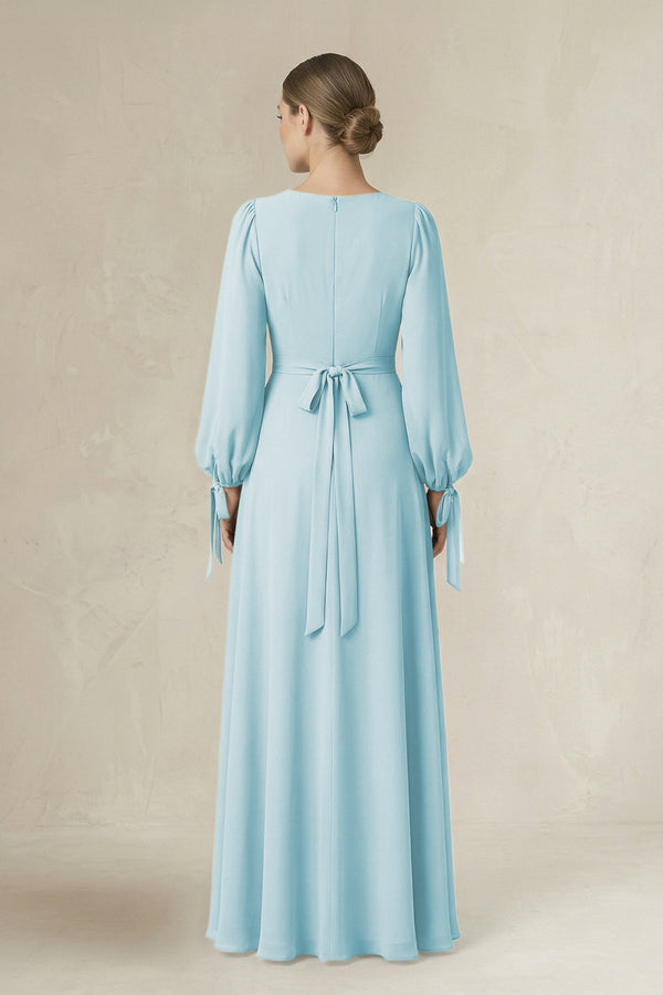 Square Neck Long Sleeve A-Line Chiffon Bridesmaid Dress in Sky Blue - KissProm BRIDESMAID DRESSES