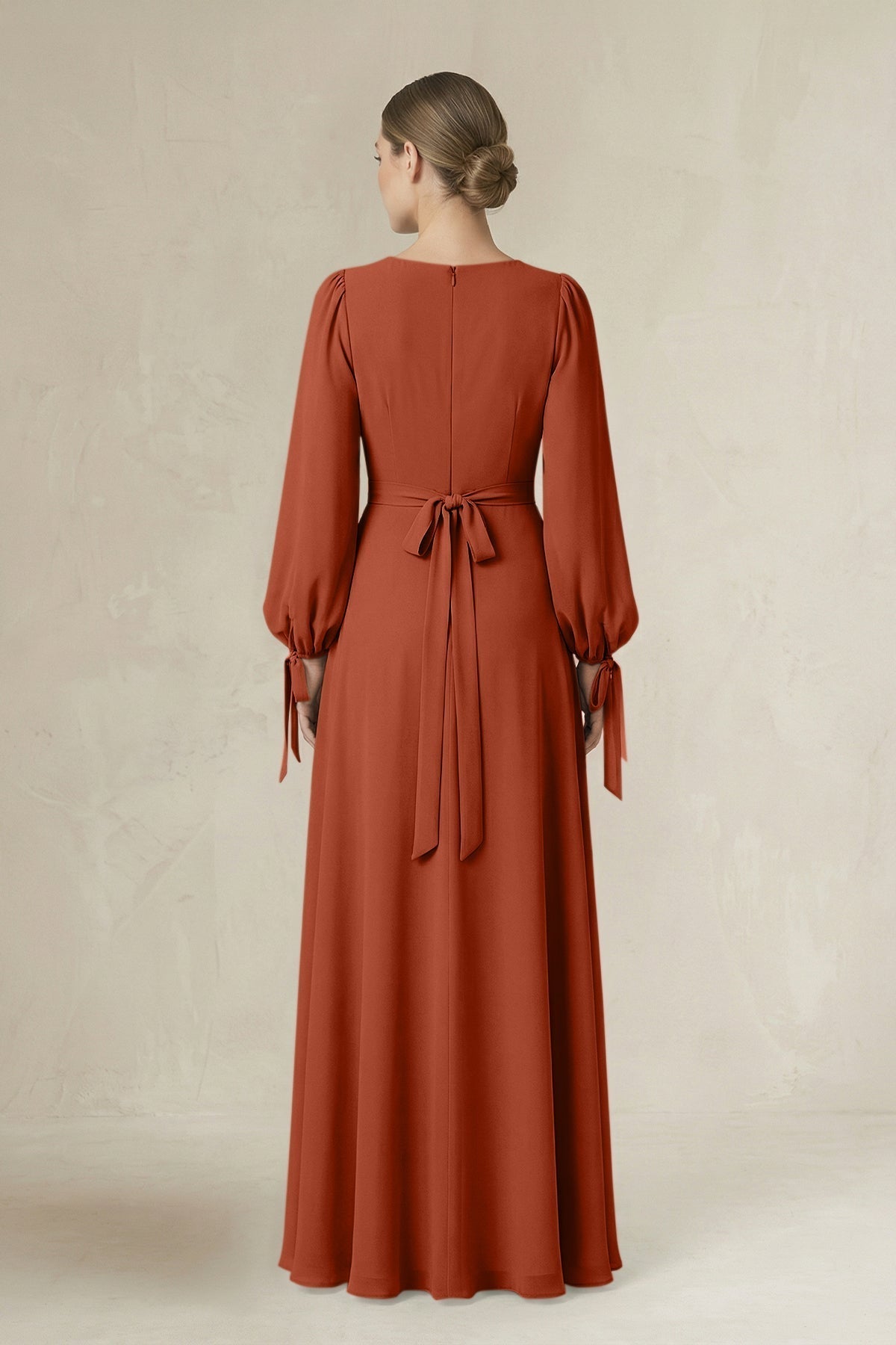 KissProm Square Neck Long Sleeve A-Line Chiffon Bridesmaid Dress in Spice, Spice / 20