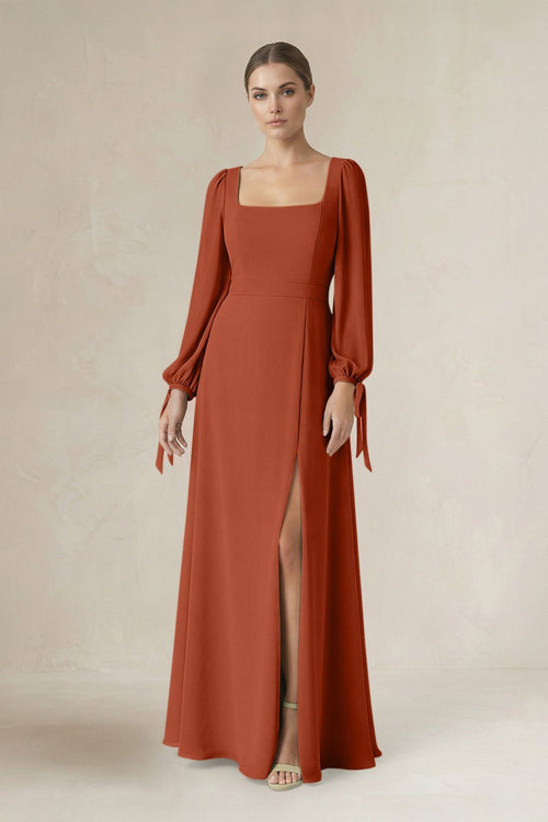 Square Neck Long Sleeve A-Line Chiffon Bridesmaid Dress in Spice - KissProm BRIDESMAID DRESSES