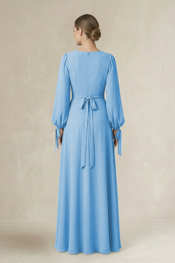 Square Neck Long Sleeve A-Line Chiffon Bridesmaid Dress in Steel Blue - KissProm BRIDESMAID DRESSES