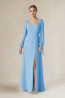 Square Neck Long Sleeve A-Line Chiffon Bridesmaid Dress in Steel Blue - KissProm BRIDESMAID DRESSES