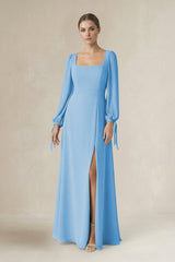 Square Neck Long Sleeve A-Line Chiffon Bridesmaid Dress in Steel Blue - KissProm BRIDESMAID DRESSES
