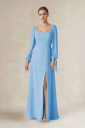 Square Neck Long Sleeve A-Line Chiffon Bridesmaid Dress in Steel Blue - KissProm BRIDESMAID DRESSES