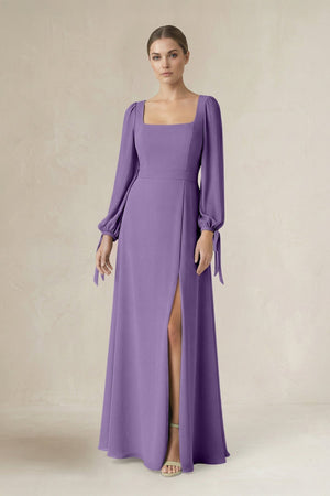 Square Neck Long Sleeve A-Line Chiffon Bridesmaid Dress in Tahiti - KissProm BRIDESMAID DRESSES