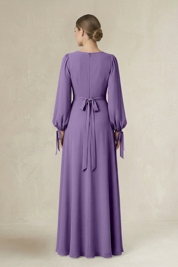 Square Neck Long Sleeve A-Line Chiffon Bridesmaid Dress in Tahiti - KissProm BRIDESMAID DRESSES