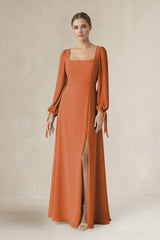 Square Neck Long Sleeve A-Line Chiffon Bridesmaid Dress in Terracotta - KissProm BRIDESMAID DRESSES