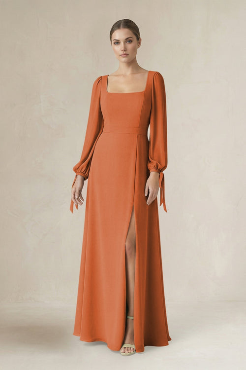 Square Neck Long Sleeve A-Line Chiffon Bridesmaid Dress in Terracotta - KissProm BRIDESMAID DRESSES