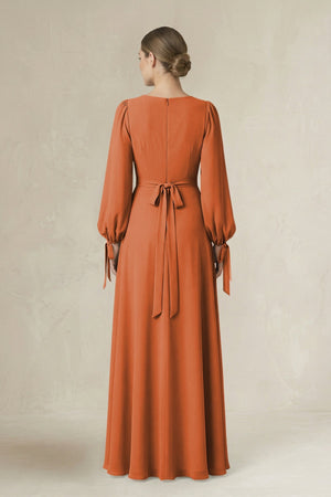 Square Neck Long Sleeve A-Line Chiffon Bridesmaid Dress in Terracotta - KissProm BRIDESMAID DRESSES