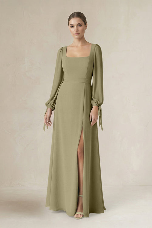 Square Neck Long Sleeve A-Line Chiffon Bridesmaid Dress in Thyme - KissProm BRIDESMAID DRESSES