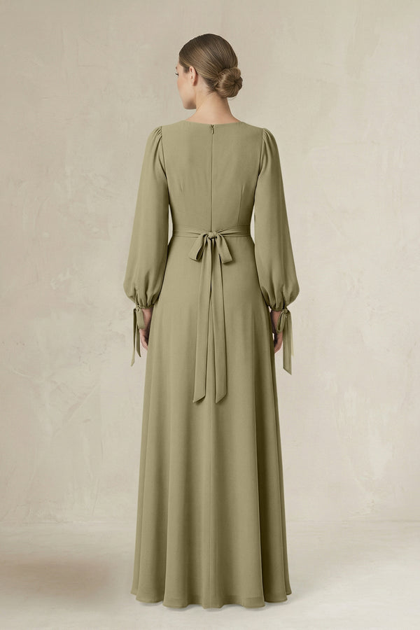 Square Neck Long Sleeve A-Line Chiffon Bridesmaid Dress in Thyme - KissProm BRIDESMAID DRESSES