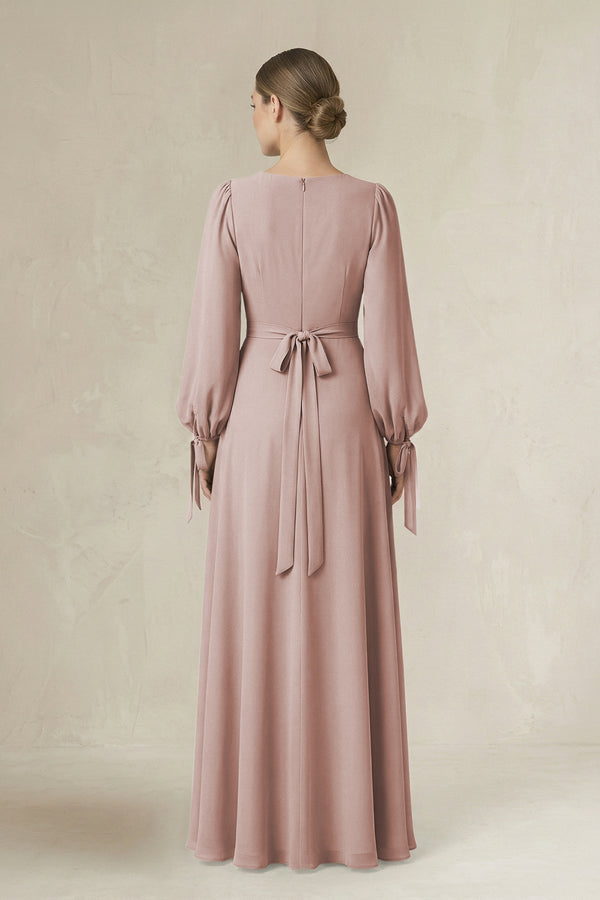 Square Neck Long Sleeve A-Line Chiffon Bridesmaid Dress in Toffee - KissProm BRIDESMAID DRESSES