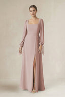 Square Neck Long Sleeve A-Line Chiffon Bridesmaid Dress in Toffee - KissProm BRIDESMAID DRESSES