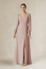 Square Neck Long Sleeve A-Line Chiffon Bridesmaid Dress in Toffee - KissProm BRIDESMAID DRESSES