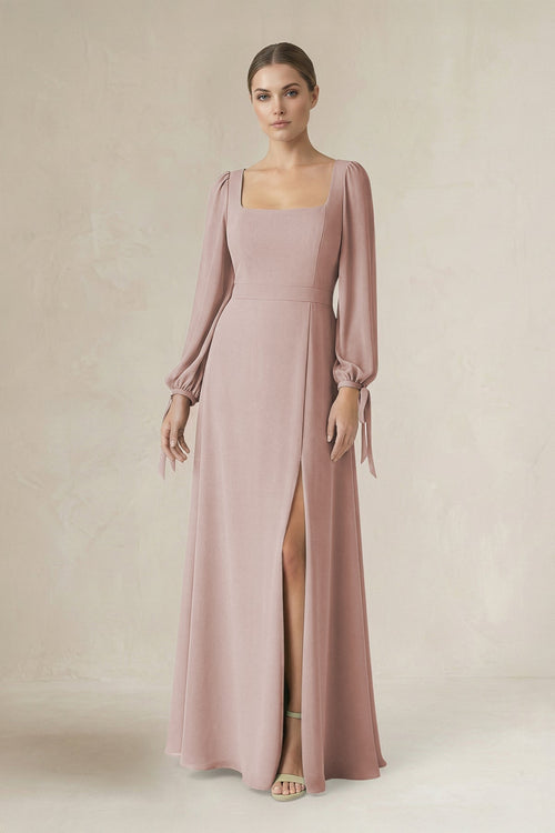 Square Neck Long Sleeve A-Line Chiffon Bridesmaid Dress in Toffee - KissProm BRIDESMAID DRESSES