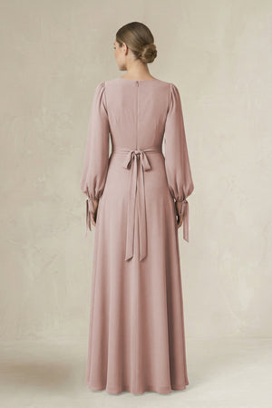 Square Neck Long Sleeve A-Line Chiffon Bridesmaid Dress in Toffee - KissProm BRIDESMAID DRESSES