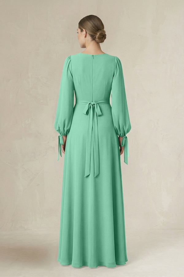 Square Neck Long Sleeve A-Line Chiffon Bridesmaid Dress in Turquoise - KissProm BRIDESMAID DRESSES