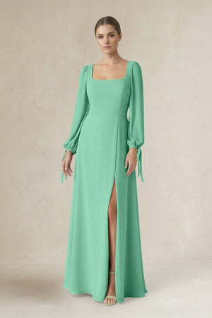 Square Neck Long Sleeve A-Line Chiffon Bridesmaid Dress in Turquoise - KissProm BRIDESMAID DRESSES