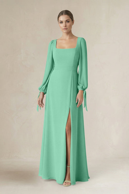 Square Neck Long Sleeve A-Line Chiffon Bridesmaid Dress in Turquoise - KissProm BRIDESMAID DRESSES