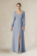 Square Neck Long Sleeve A-Line Chiffon Bridesmaid Dress in Twilight - KissProm BRIDESMAID DRESSES