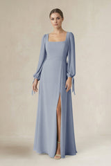 Square Neck Long Sleeve A-Line Chiffon Bridesmaid Dress in Twilight - KissProm BRIDESMAID DRESSES
