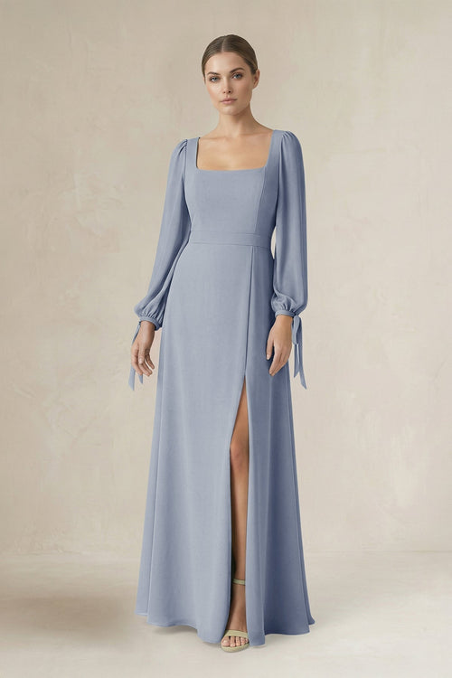 Square Neck Long Sleeve A-Line Chiffon Bridesmaid Dress in Twilight - KissProm BRIDESMAID DRESSES