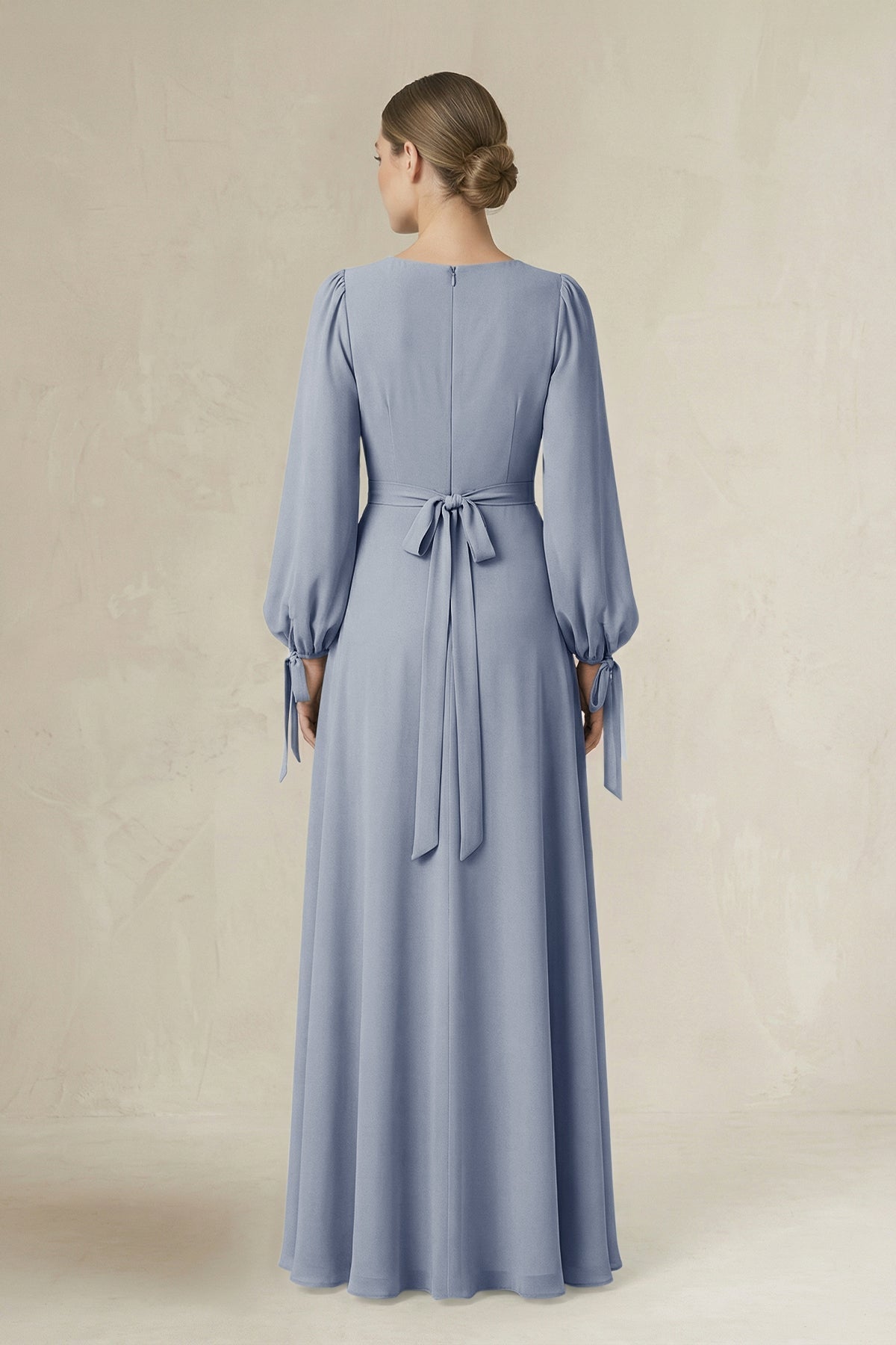 KissProm Square Neck Long Sleeve A-Line Chiffon Bridesmaid Dress in Twilight, Twilight / 16
