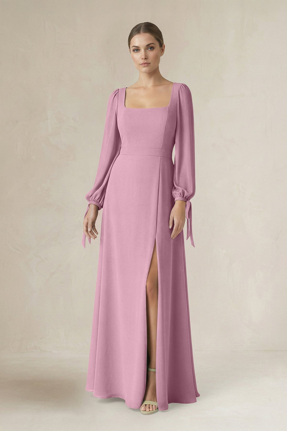 Square Neck Long Sleeve A-Line Chiffon Bridesmaid Dress in Vintage Mauve - KissProm BRIDESMAID DRESSES