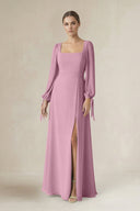 Square Neck Long Sleeve A-Line Chiffon Bridesmaid Dress in Vintage Mauve - KissProm BRIDESMAID DRESSES