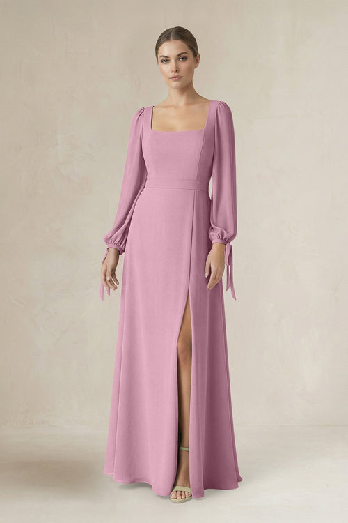 Square Neck Long Sleeve A-Line Chiffon Bridesmaid Dress in Vintage Mauve - KissProm BRIDESMAID DRESSES