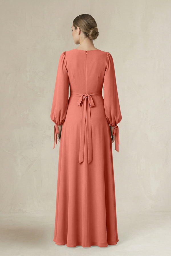 Square Neck Long Sleeve A-Line Chiffon Bridesmaid Dress in Wild Rose - KissProm BRIDESMAID DRESSES