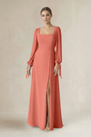 Square Neck Long Sleeve A-Line Chiffon Bridesmaid Dress in Wild Rose - KissProm BRIDESMAID DRESSES