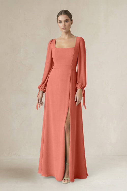 Square Neck Long Sleeve A-Line Chiffon Bridesmaid Dress in Wild Rose - KissProm BRIDESMAID DRESSES
