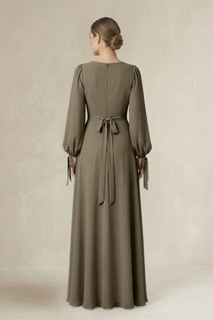 Square Neck Long Sleeve A-Line Chiffon Bridesmaid Dress in Willow Green - KissProm BRIDESMAID DRESSES