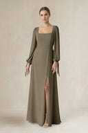 Square Neck Long Sleeve A-Line Chiffon Bridesmaid Dress in Willow Green - KissProm BRIDESMAID DRESSES
