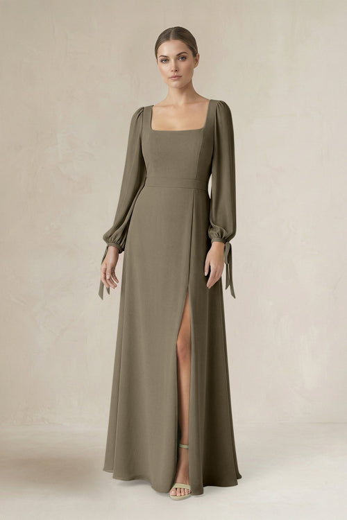 Square Neck Long Sleeve A-Line Chiffon Bridesmaid Dress in Willow Green - KissProm BRIDESMAID DRESSES