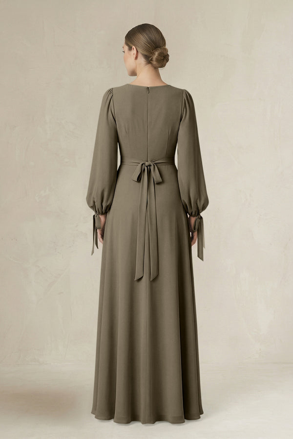Square Neck Long Sleeve A-Line Chiffon Bridesmaid Dress in Willow Green - KissProm BRIDESMAID DRESSES