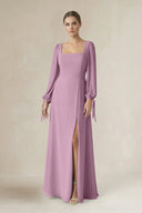 Square Neck Long Sleeve A-Line Chiffon Bridesmaid Dress in Wisteria - KissProm BRIDESMAID DRESSES