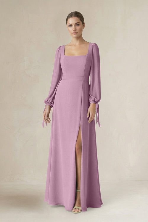 Square Neck Long Sleeve A-Line Chiffon Bridesmaid Dress in Wisteria - KissProm BRIDESMAID DRESSES