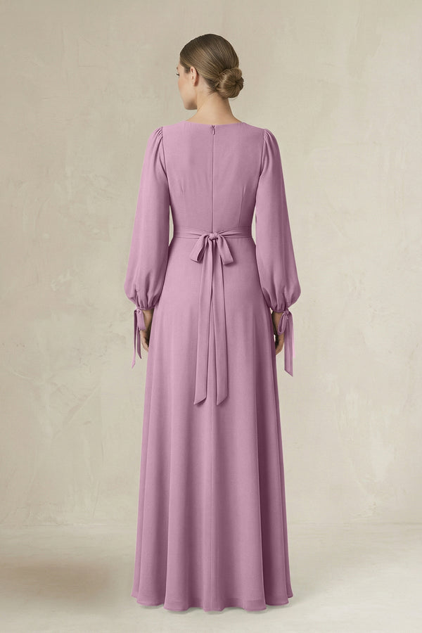 Square Neck Long Sleeve A-Line Chiffon Bridesmaid Dress in Wisteria - KissProm BRIDESMAID DRESSES