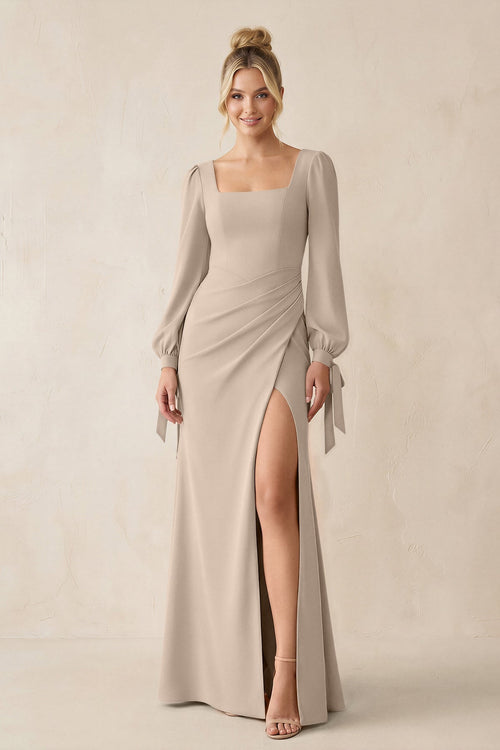 Square Neck Long Sleeve Sheath Chiffon Bridesmaid Dress in Almond - KissProm Bridesmaid Dresses