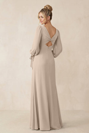Square Neck Long Sleeve Sheath Chiffon Bridesmaid Dress in Almond - KissProm Bridesmaid Dresses
