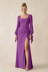 Square Neck Long Sleeve Sheath Chiffon Bridesmaid Dress in Amethyst - KissProm Bridesmaid Dresses