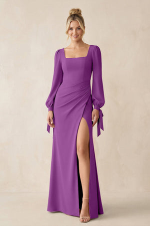 Square Neck Long Sleeve Sheath Chiffon Bridesmaid Dress in Amethyst - KissProm Bridesmaid Dresses