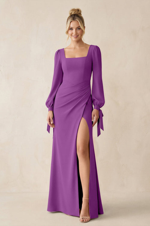 Square Neck Long Sleeve Sheath Chiffon Bridesmaid Dress in Amethyst - KissProm Bridesmaid Dresses
